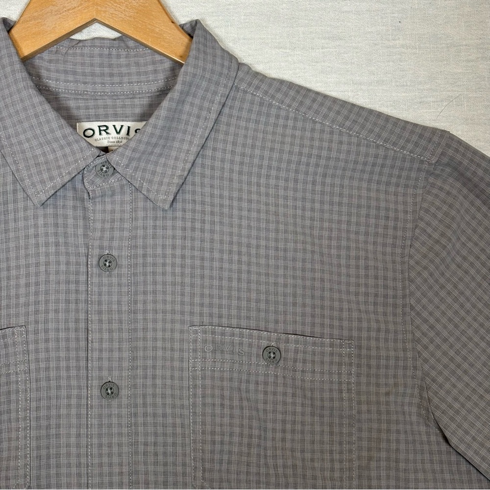 Orvis Short-Sleeve Button-Up Tech Shirt-Gray Gingham-Men Size XL